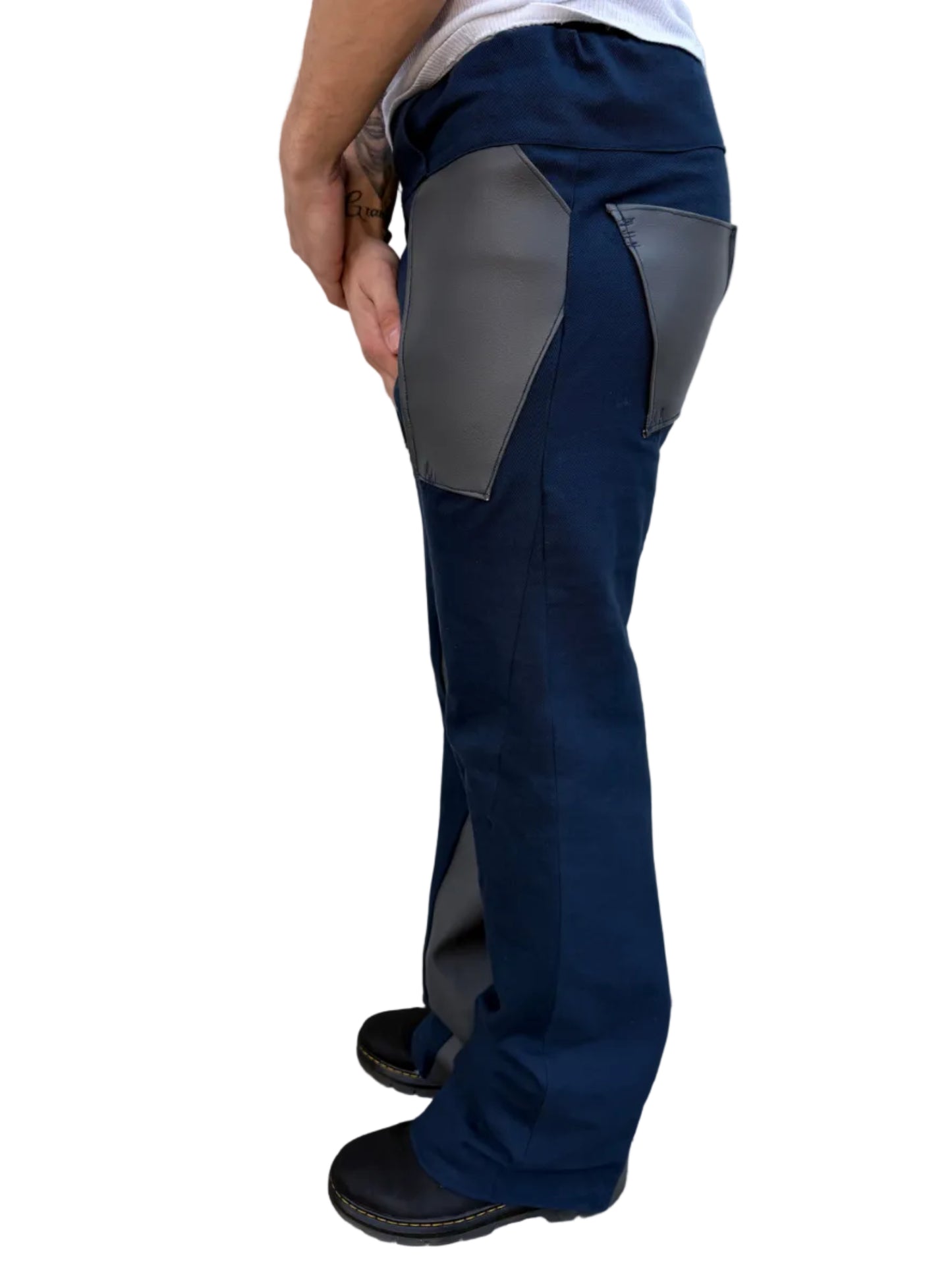 Navy Leather Cut Pants